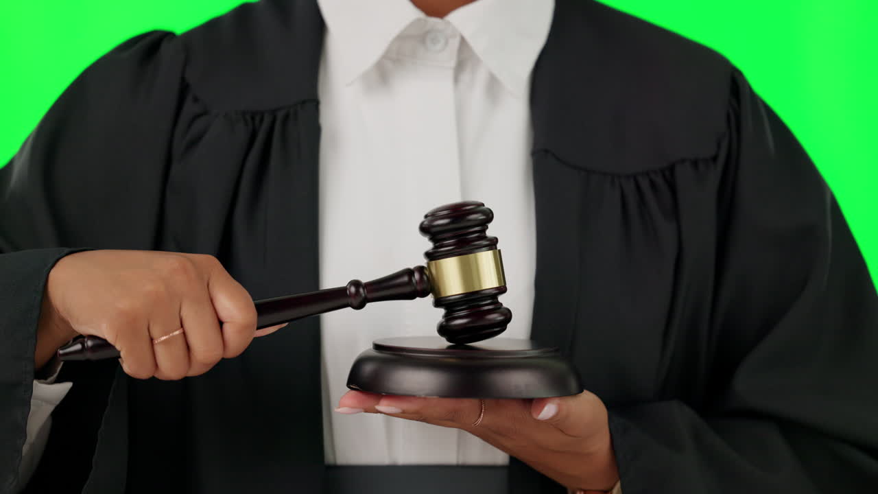 Green screen, judge or hands with gavel of law