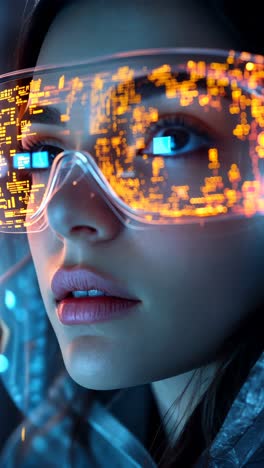 futuristic woman in high-tech glasses against a vibrant neon background