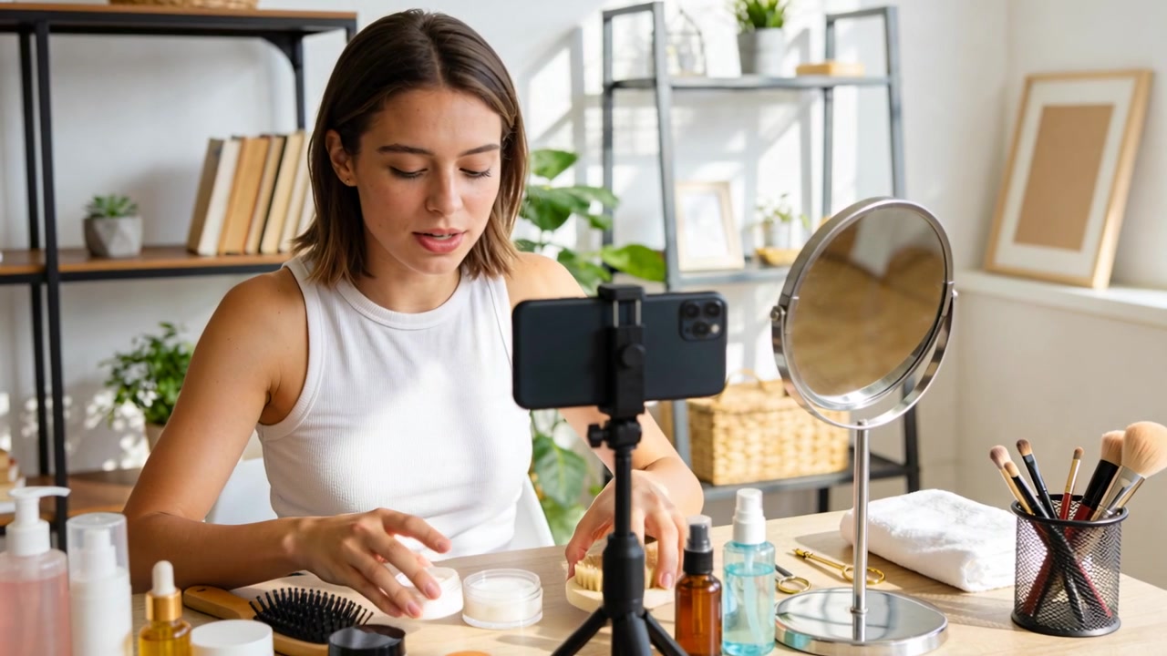 Recording woman wearing white tank top scooping cream and showing texture at home desk with tripod