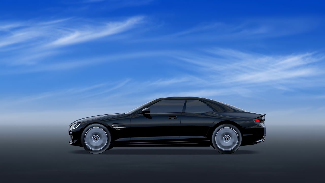 Sleek Black Sedan Under Blue Sky, Glossy Reflections And Aerodynamic Profile, Motionblur Wheels Suggesting