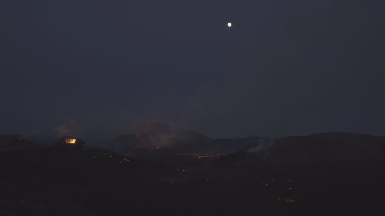 Full moon above volcanic eruption Iceland cinematic