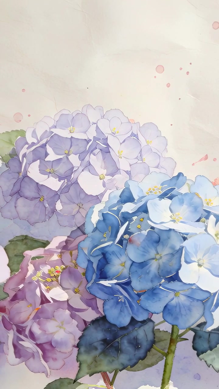 Video verticale: Mostrando grappoli di ortensie ad acquerello su carta color crema, rivelazione della cornice per il layout finale