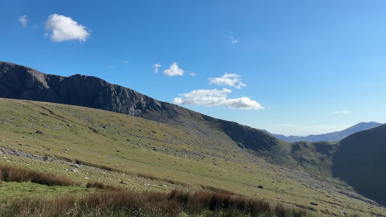 View of grassy slopes and rocky cliffs on Mount Snowdon under clear blue sky in Snowdonia National Park, showing peaceful mountain landscape with no people and soft sunlight on terrain.