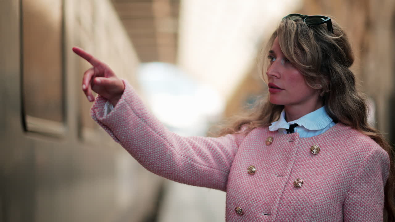 Woman in a pink blazer reading and analysing a departure board at the train station