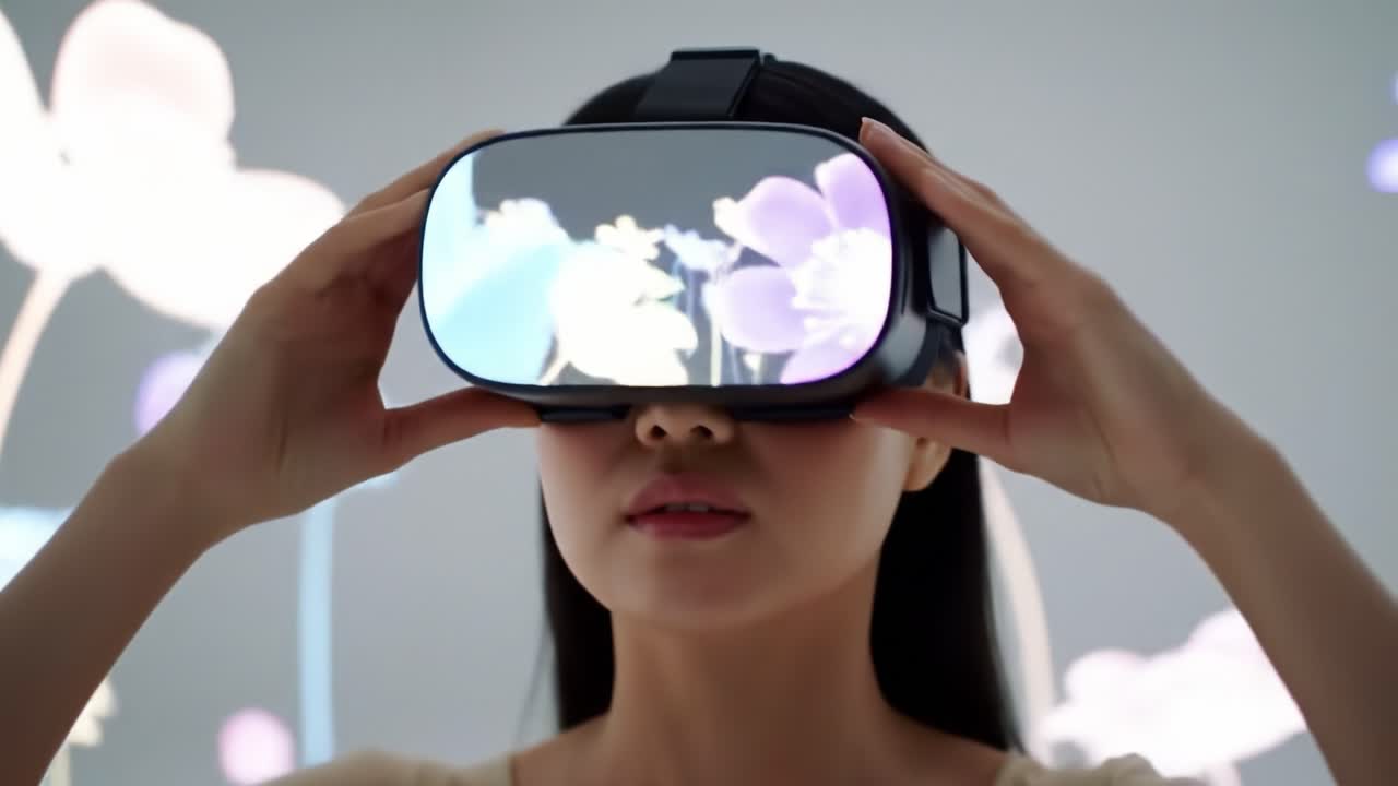 A person is engaging with virtual reality technology, experiencing vibrant digital flowers and visuals in a contemporary exhibition space.
