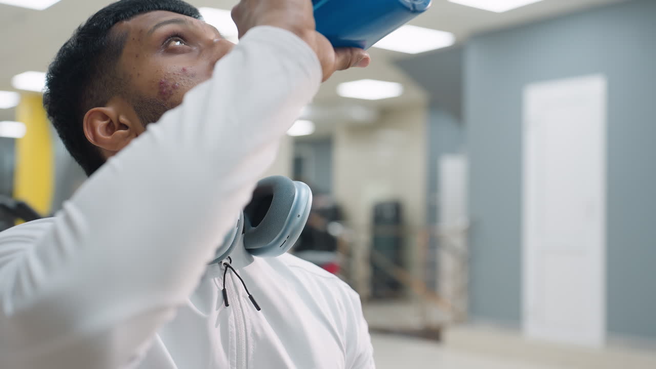 young man wearing white sportswear and headphones around neck sips from blue water bottle after eating, seated indoors in softly lit modern gym setting with calm focused expression on face