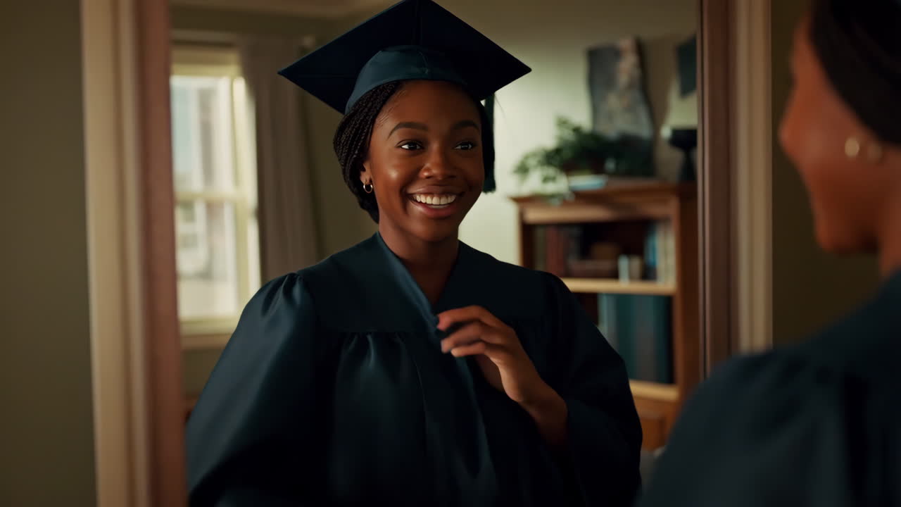 Happy Graduate in Cap and Gown Smiling at Her Reflection