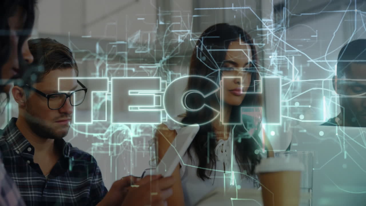 Using tablet, people interacting with digital tech network animation overlay