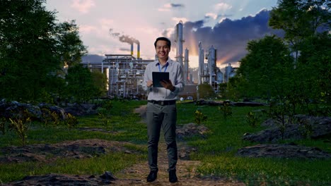 full body of an asian male professional worker standing in front of oil refinery, typing on tablet's keyboard with green screen and look at the factory once