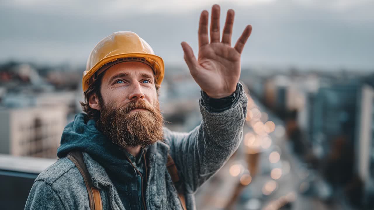 Un operaio edile che saluta da un grattacielo, che mostra un paesaggio urbano grintoso con un'espressione pensierosa e dispositivi di sicurezza sotto un cielo nuvoloso