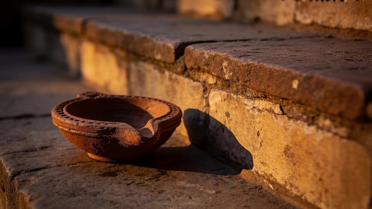 Primo piano: lucerna in terracotta su gradini di pietra, illuminata dal sole, proietta un'ombra, con spazio per il testo.