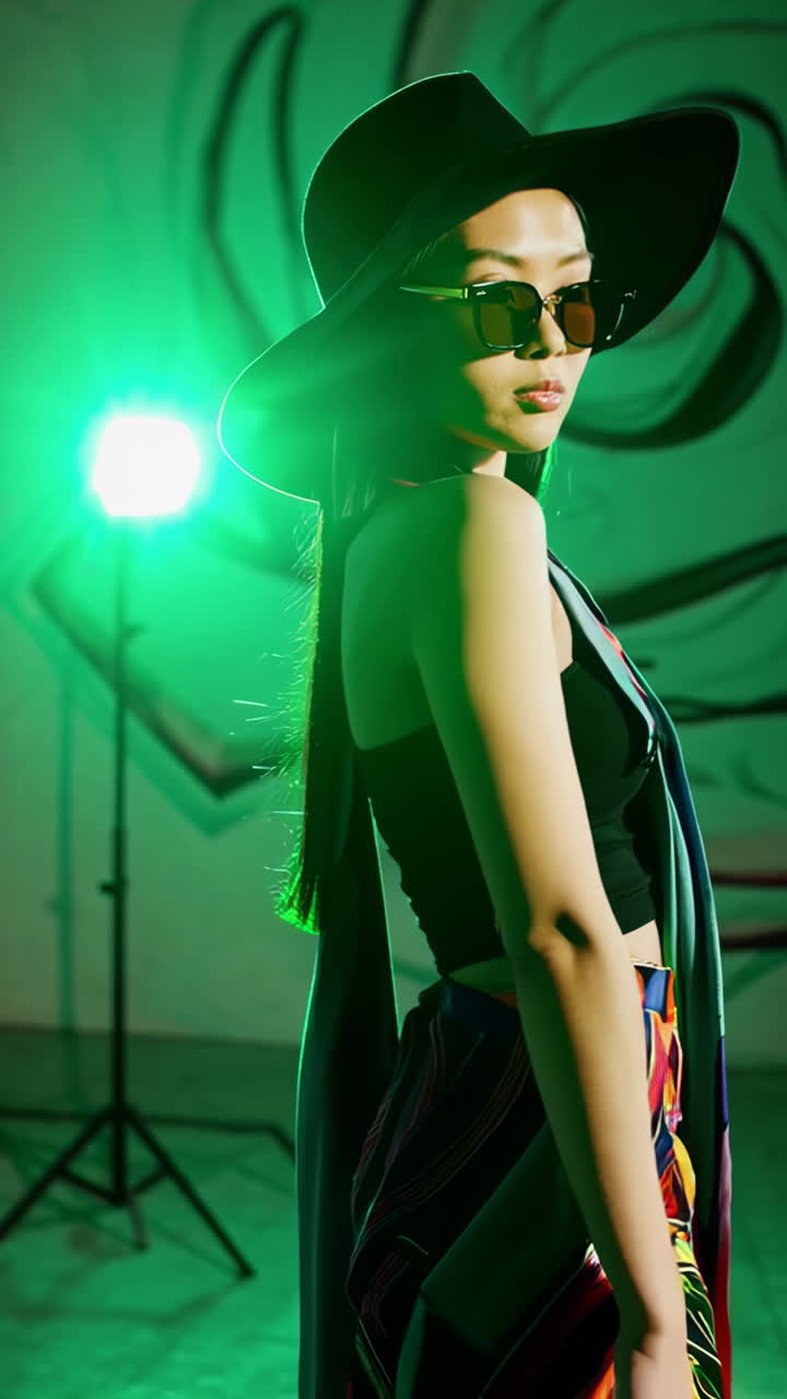 Stylish Woman in Colorful Outfit Against Green Background