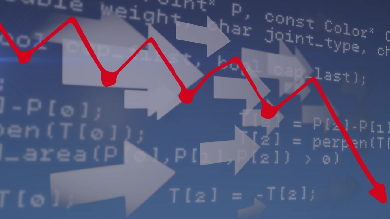 Animazione di un grafico rosso in movimento e multiple icone a freccia su elaborazione dati, su sfondo blu.
