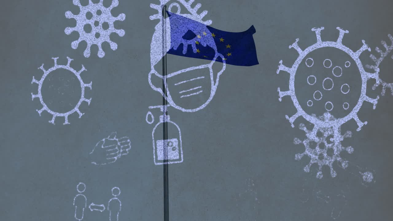 Animation of virus cells and covid icons over flag of european union