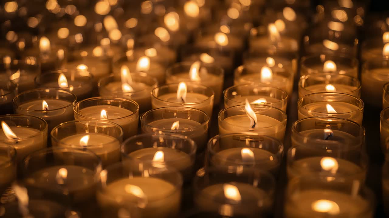 Spostamento della telecamera che mostra lumini di vetro con fiamme tremolanti su uno stand, attirando l'attenzione sul bokeh sfocato