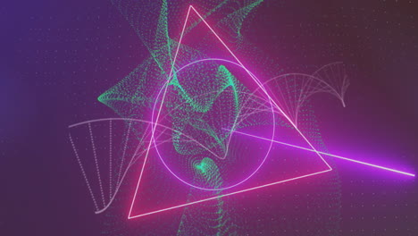 una animación digital de formas de neón y ondas verdes sobre un fondo violeta.