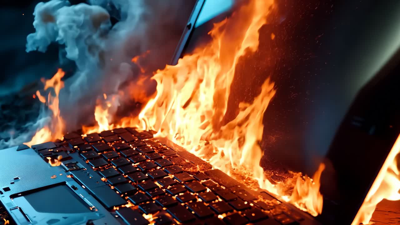 una computadora portátil en llamas en el suelo