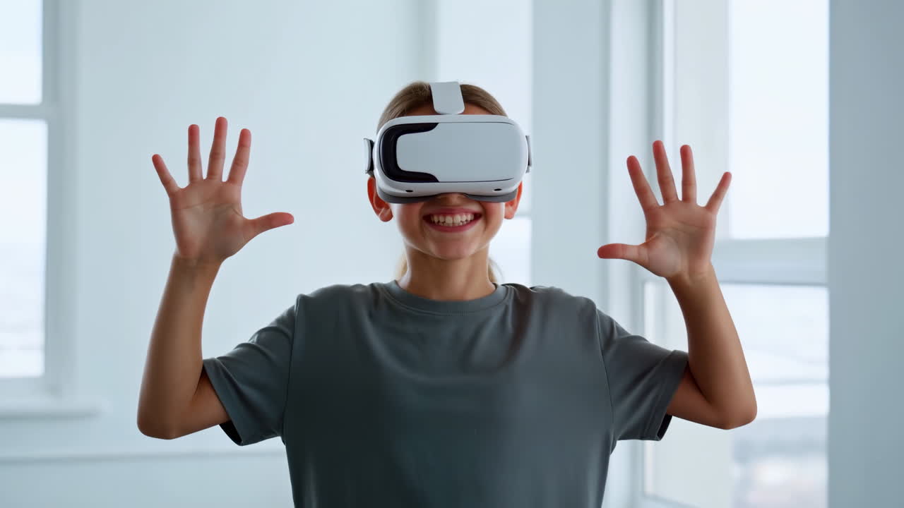 Gadis Muda Bahagia Mengenakan Headset VR dan Dunia Virtual