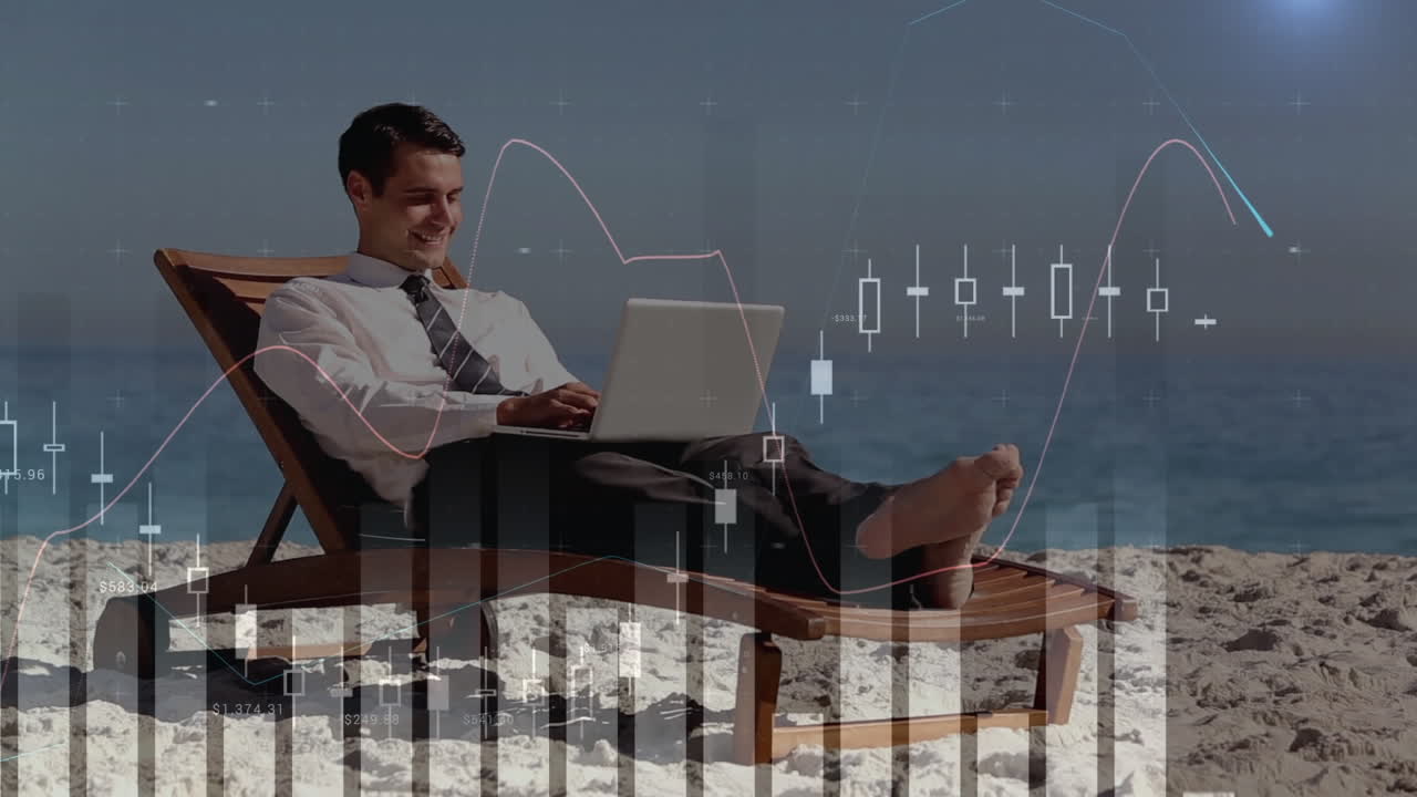 해변에서 휴식을 취하는 동안 노트북을 사용하는 사업가