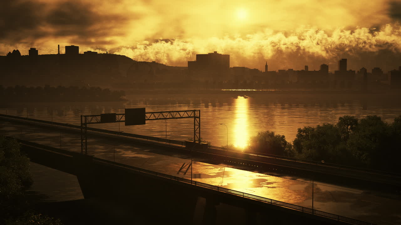 다리와 함께 도시 스카이라인 위의 아름다운 일몰