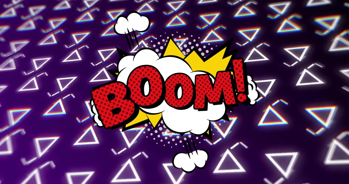 Animaatio "boom"-tekstistä retrohenkisen eloisan kuvioidun taustan päällä.