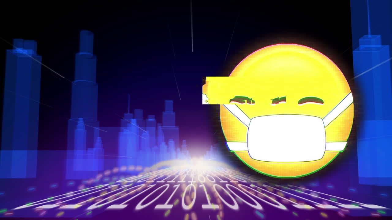 디지털 시티 위의 이모지 아이콘과 바이너리 코딩의 애니메이션