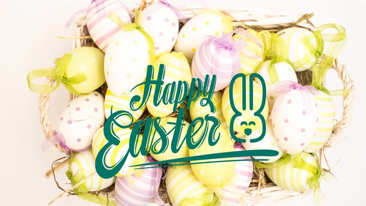 Animation of happy easter text with easter bunny over basket with easter eggs