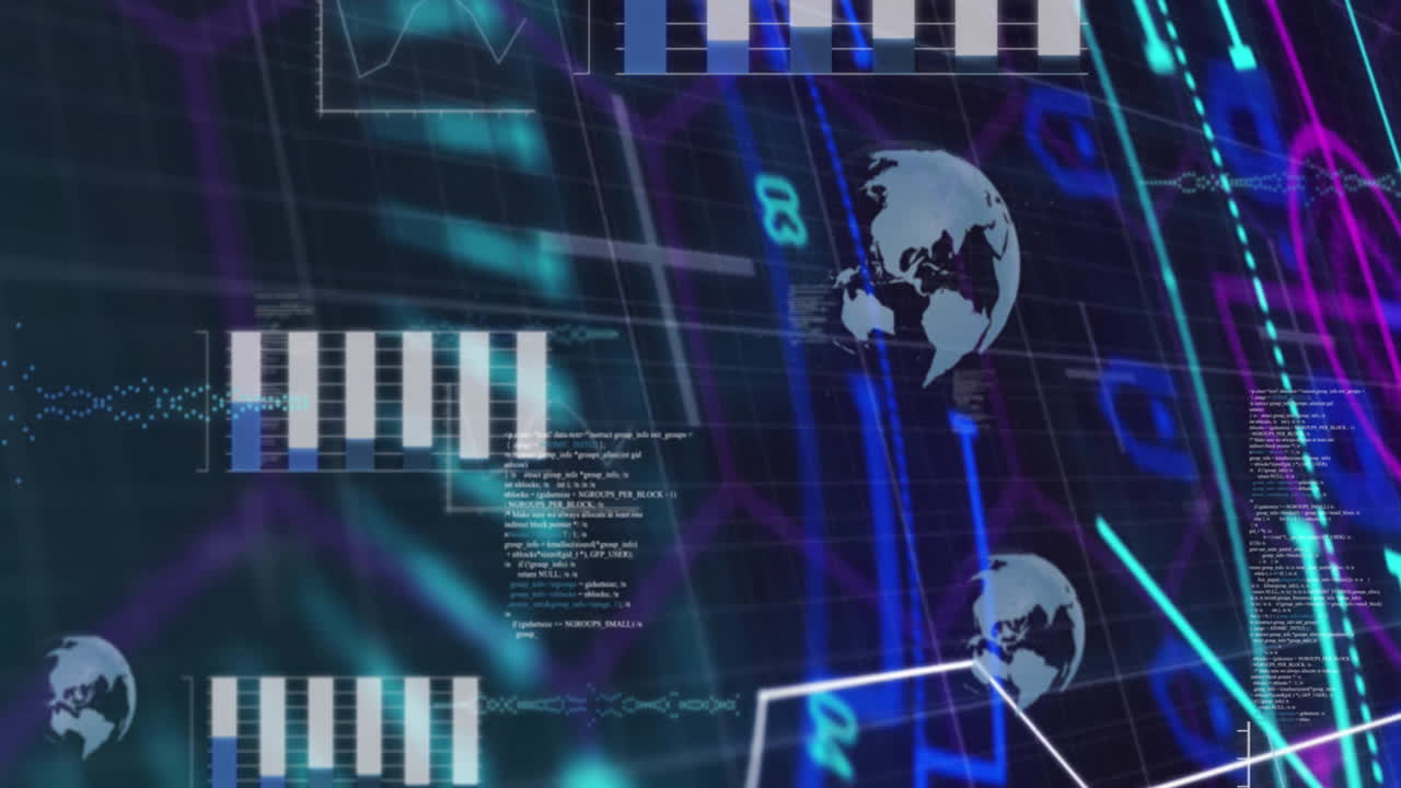 animación del procesamiento de datos y diagramas sobre globos