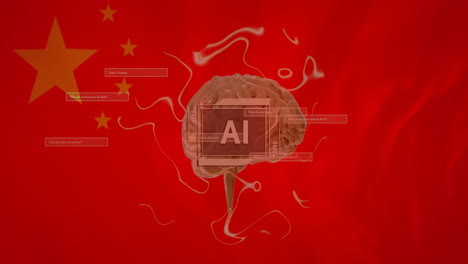 animation of ai text on scanner, rotating brain, network and data over flag of china