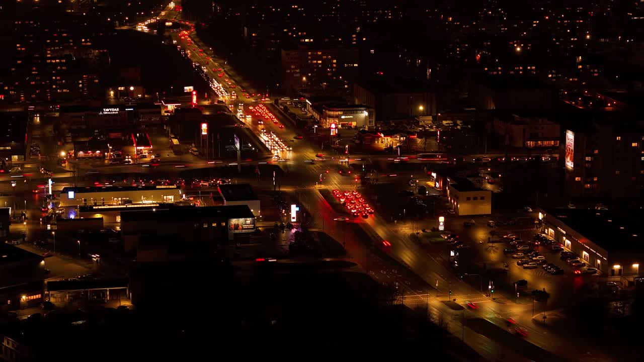 Time lapse of night traffic in the city of Kaunas, Lithuania. Aerial