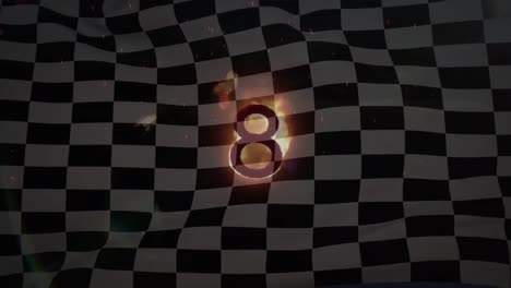 Animation-of-glowing-burning-number-eight-over-waving-black-and-white-racing-flag
