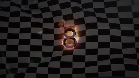 animation of glowing burning number eight over waving black and white racing flag