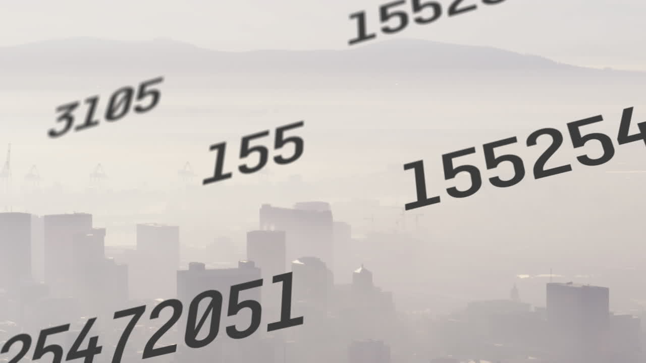 도시 풍경 위의 숫자 애니메이션과 데이터 처리