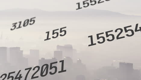 animation of numbers and data processing over cityscape