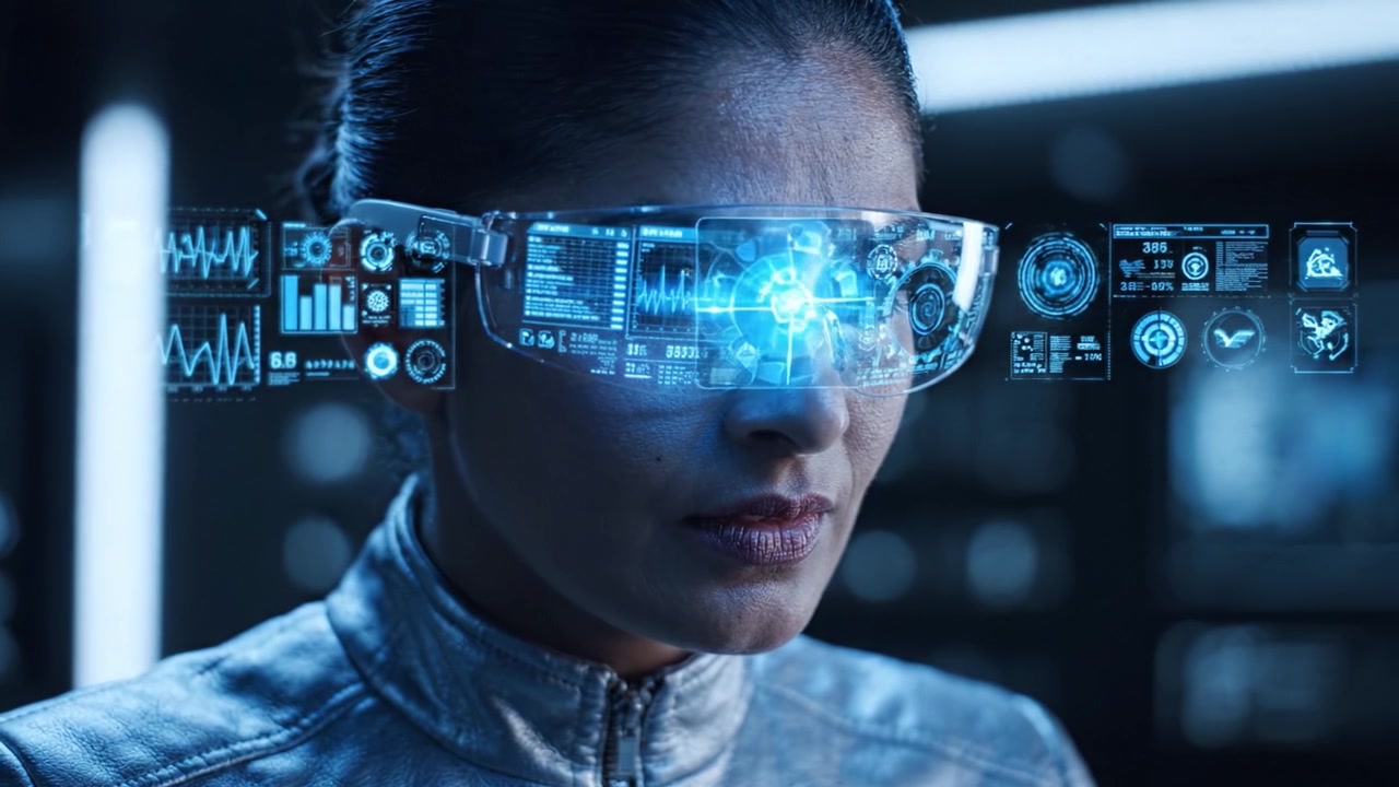 A Focused Scientist Analyzing Data with Advanced Augmented Reality Glasses in a High-Tech Laboratory Environment Enhanced by LED Lighting Effects