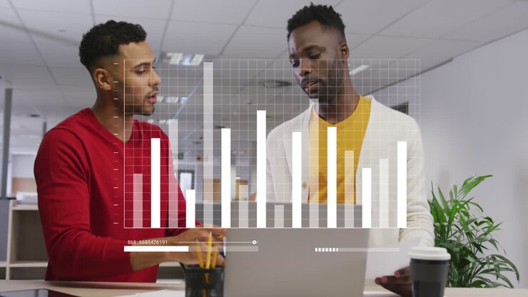 Animation of statistical data processing against two diverse man discussing at office