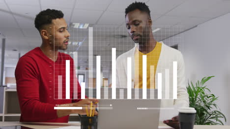 animation of statistical data processing against two diverse man discussing at office