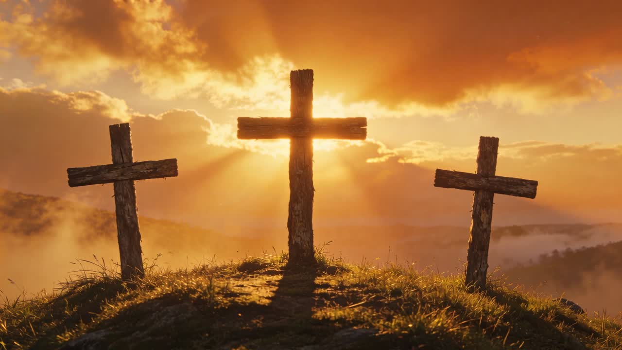 Sole nascente che proietta lunghe ombre giù da una cima erbosa, illuminando tre croci di legno