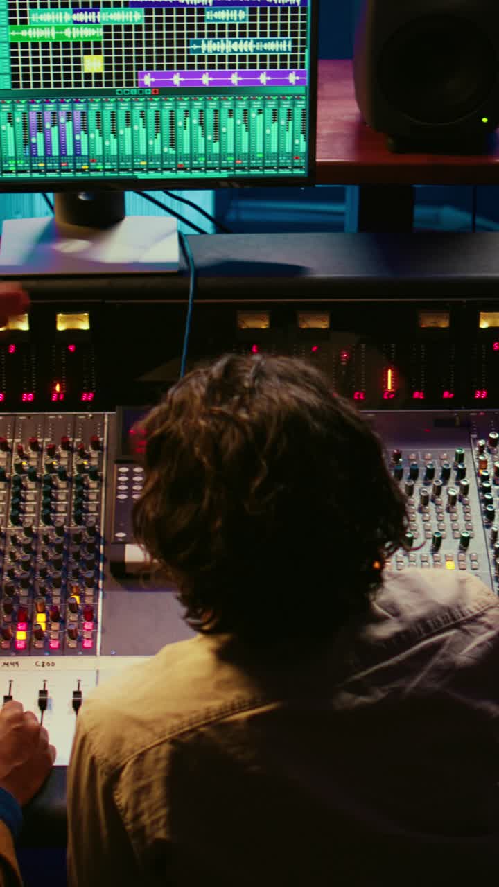 Sound Engineers Working on a Professional Audio Mixing Console in Studio