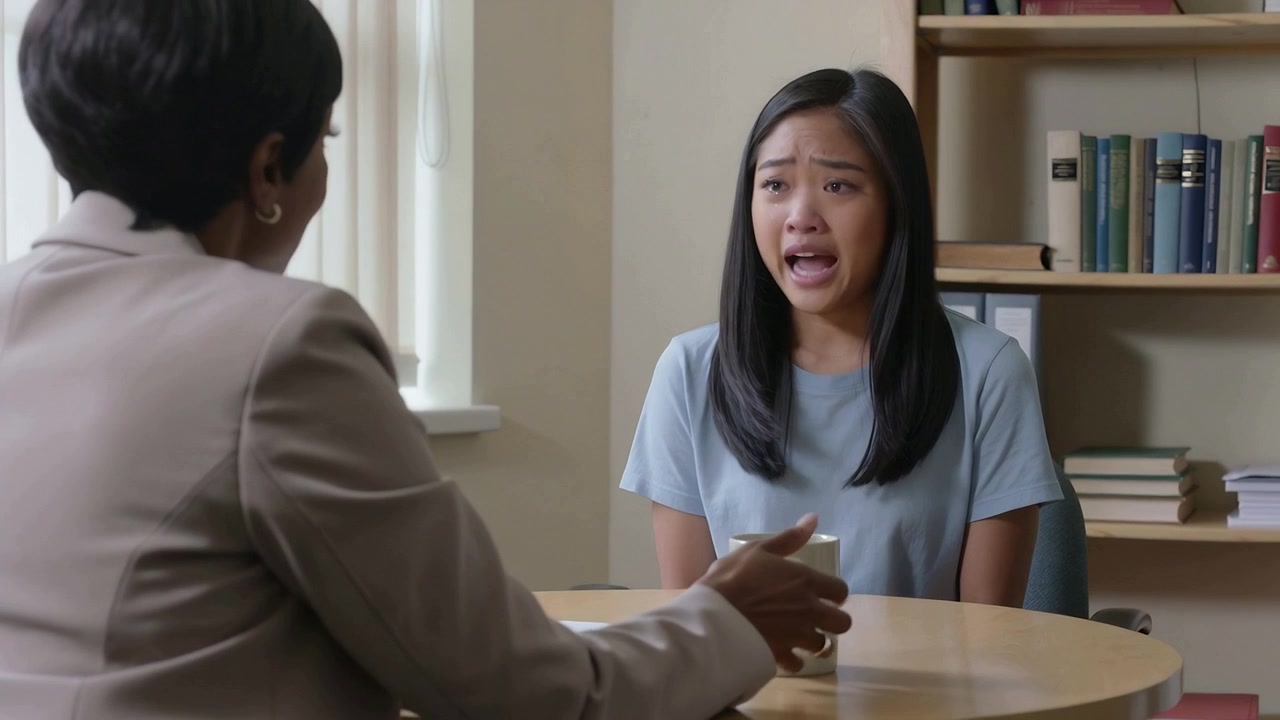 Speaking teen in blue top voicing distress in office, counselor in blazer offering mug for comfort