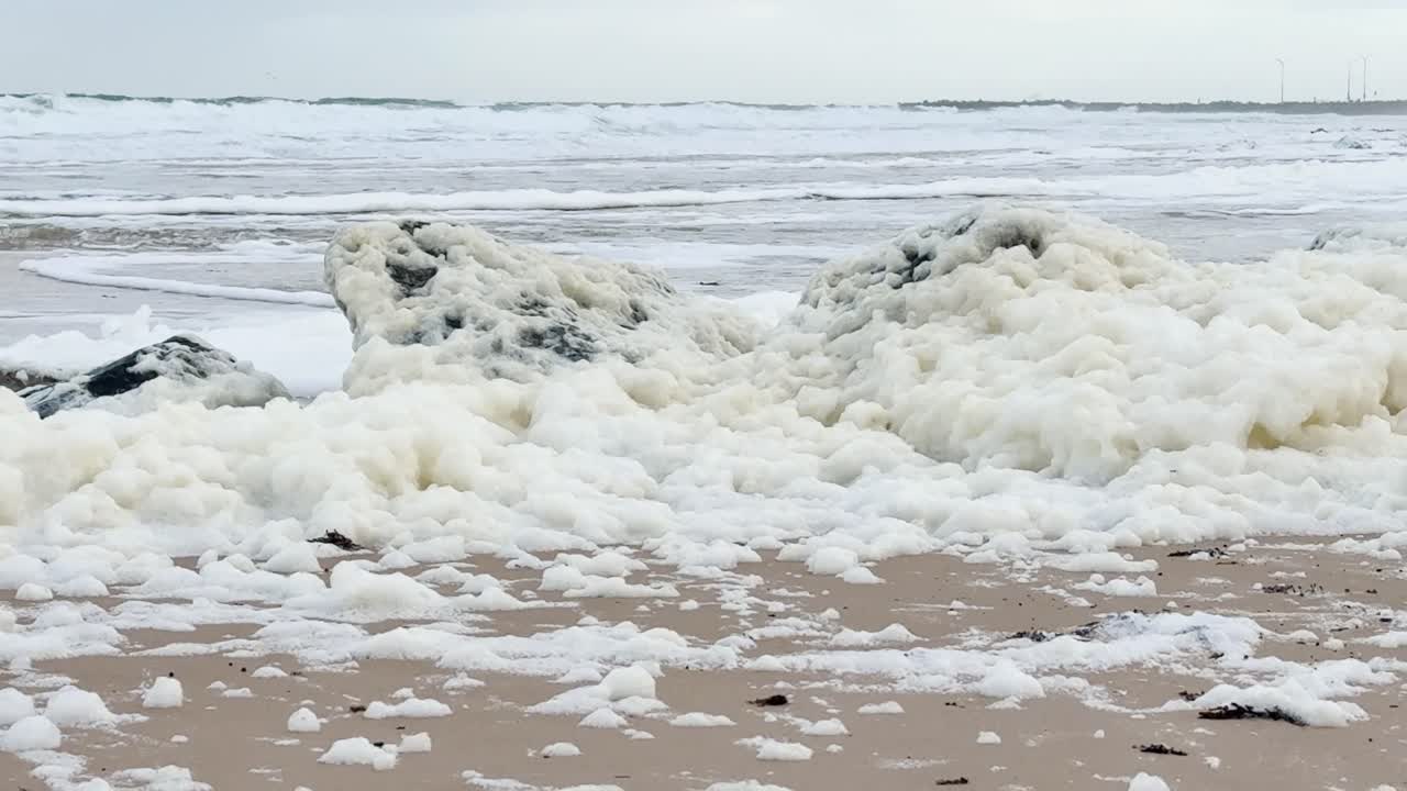 Toxic algal bloom foam blankets a South Australian beach, revealing critical environmental issues. This vision is perfect for documentaries or news highlighting marine pollution and ecological impact