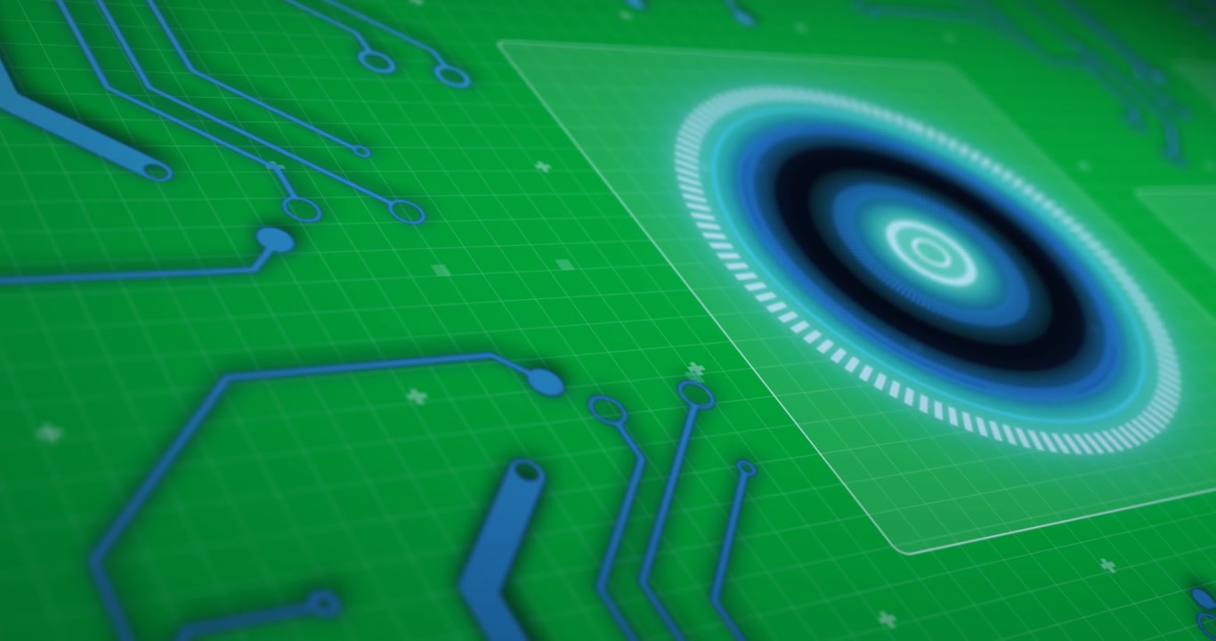 Animation of scope scanning and spinning with blue computer circuit board elements