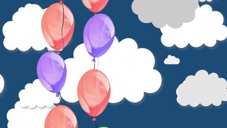 Animation-of-colorful-balloons-flying-over-cloudy-sky