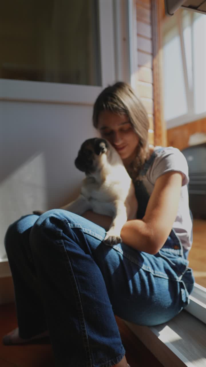 파그 강아지를 들고 있는 소녀