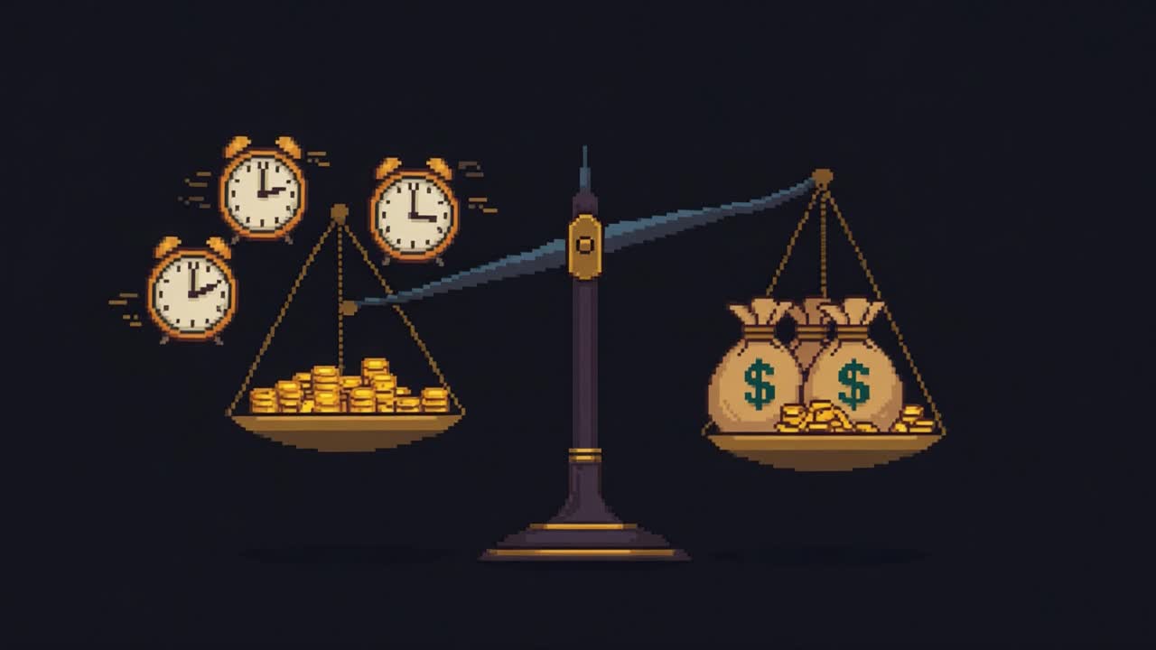 A Thought-Provoking Visual Metaphor Representing the Balancing Act Between Time and Money, Highlighting Their Intrinsic Value in Life's Choices and Decisions
