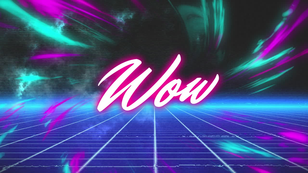 Animation of wow text over squares on black background