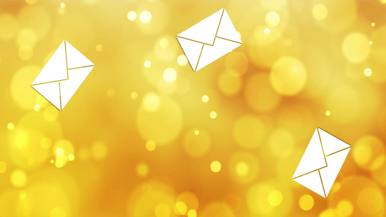 황금색 보케 배경 위에 떠다니는 봉투 애니메이션