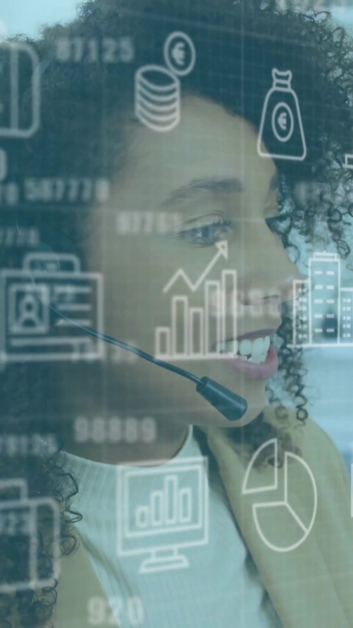 Animation of graphs, loading bars and circles, call center agent female guiding customer
