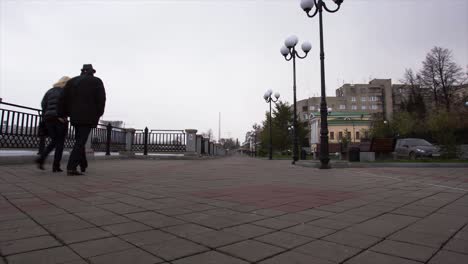 couple walking in a city park on a cloudy day