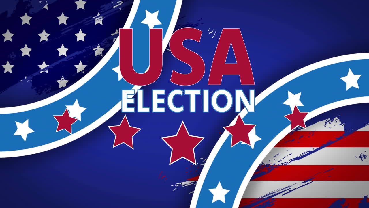 Animation of usa elections text and red stars over rotating american flag roundels